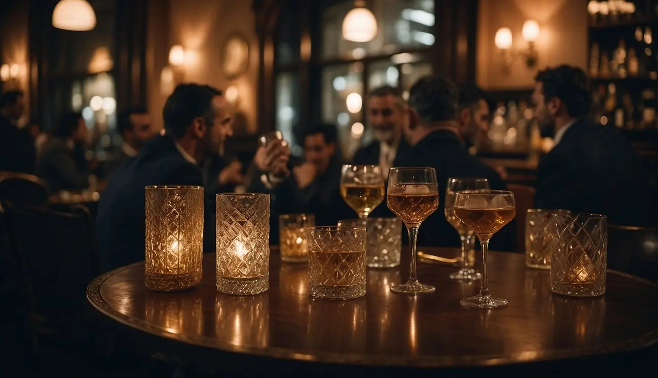 A dimly lit speakeasy in Milan, filled with hushed conversations and clinking glasses. The room is adorned with vintage decor and patrons mingle in small groups, enjoying the clandestine atmosphere