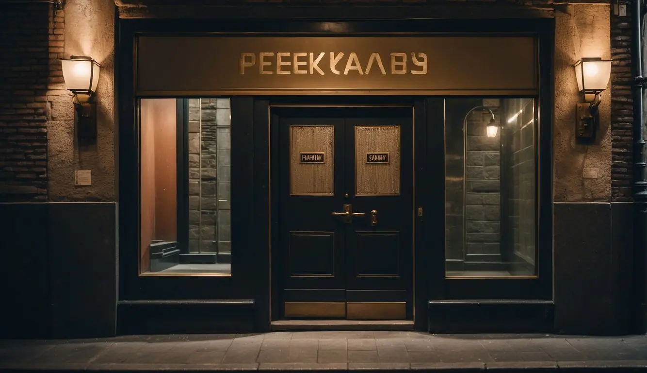 A dimly lit entrance, a discreet door with a small peephole, and a vintage password sign outside, leading to a lively and bustling underground speakeasy in Milan