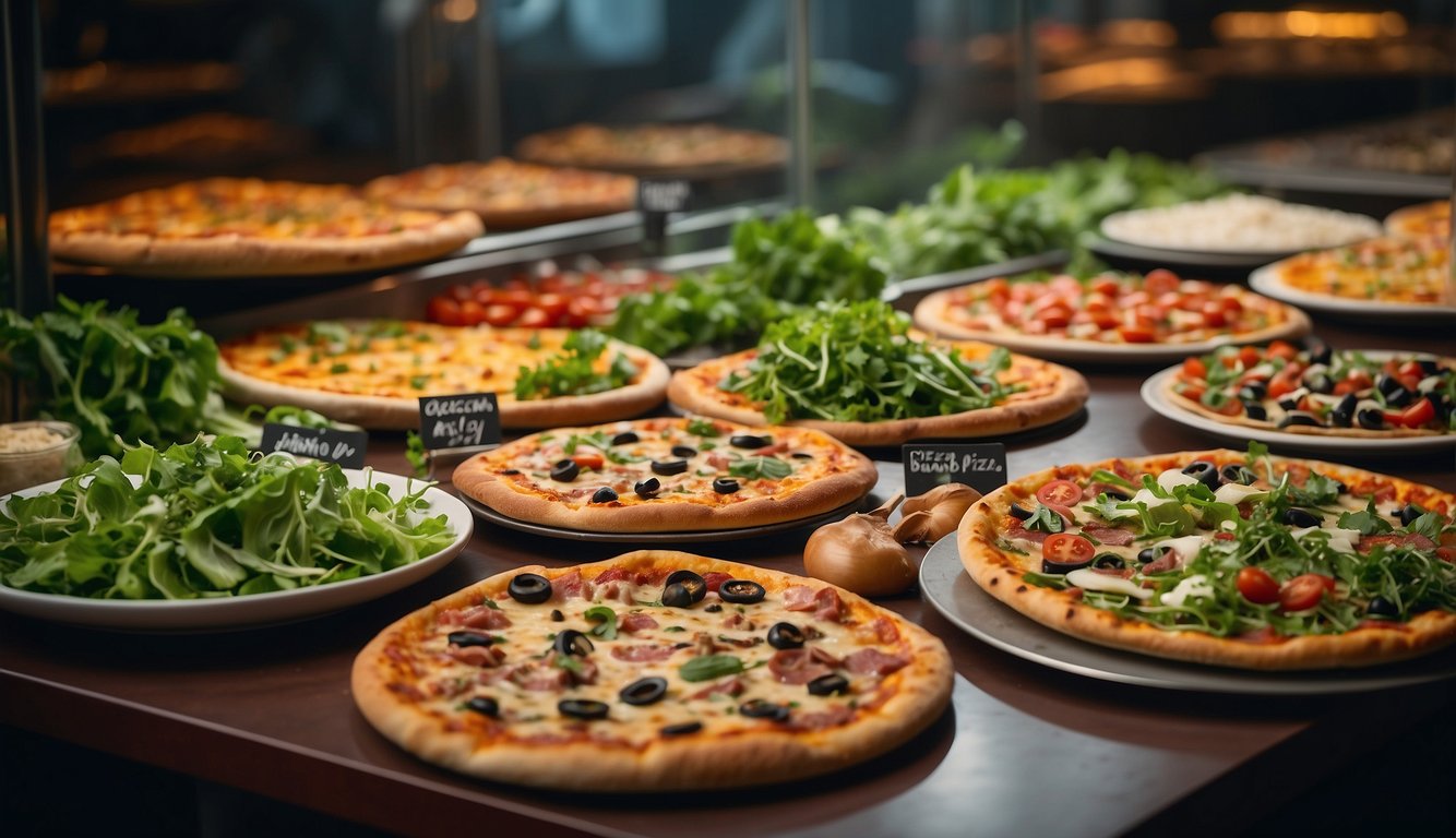 A table with a variety of freshly baked pizzas, surrounded by vibrant green salads and colorful vegetable toppings. A sign reading "Pizza and Health Milan best pizza places" hangs above the display