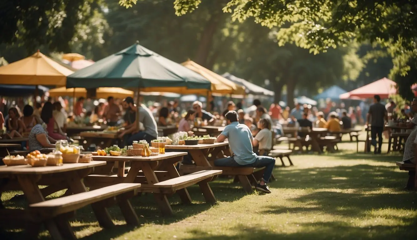 A sunny park with lush greenery, picnic tables, and families relaxing. Nearby, a bustling outdoor market with colorful stalls and people browsing