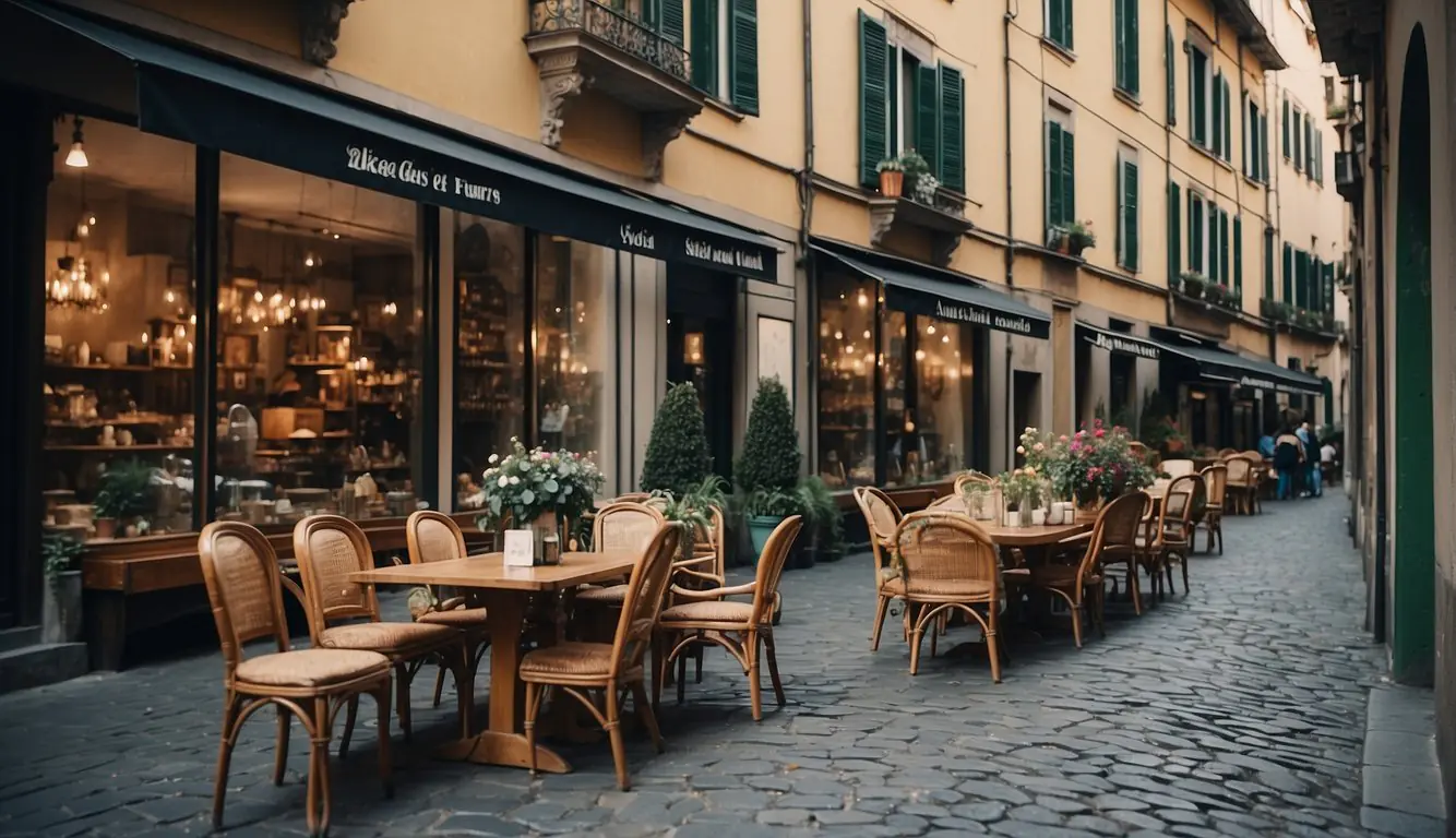 Vintage furniture shops line the cobblestone streets of Milan, with colorful storefronts and unique pieces displayed in the windows