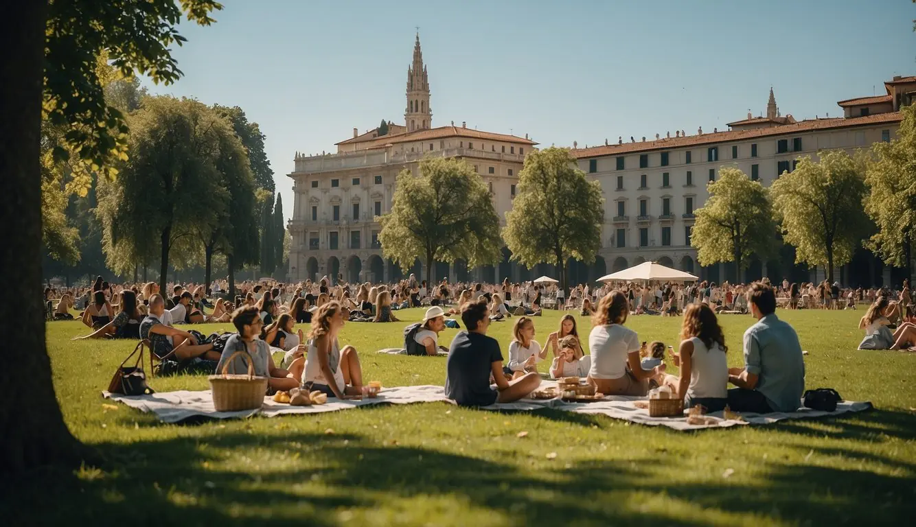 A sunny day in Milan, with families enjoying picnics in lush green parks, surrounded by historic buildings and vibrant city life