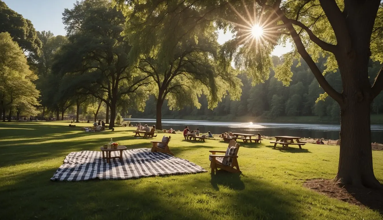 A sunny park with lush green grass, shaded by tall trees. A winding river flows through, with families and friends picnicking on checkered blankets