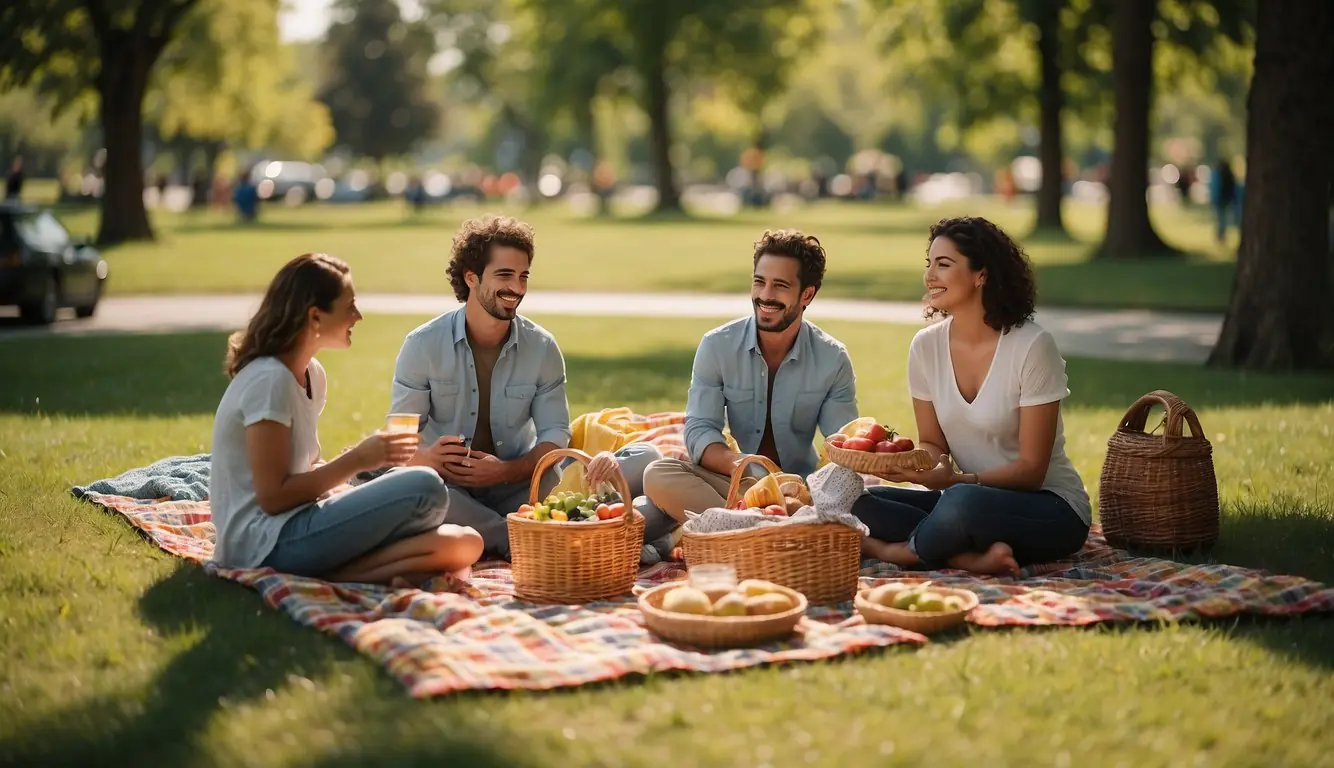 A sunny park with colorful blankets, picnic baskets, and families enjoying the greenery and sunshine