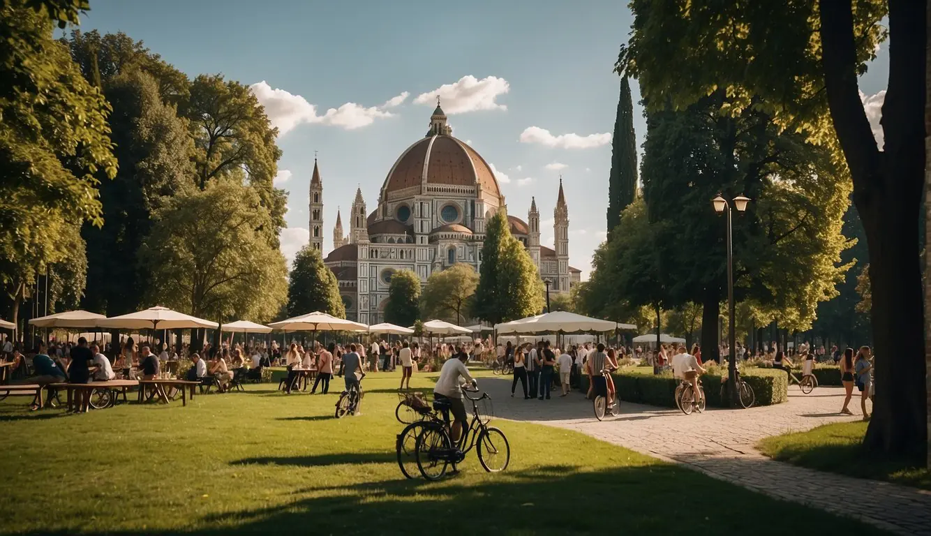 Busy streets with trams and bicycles, people enjoying picnics in lush parks and gardens. Iconic landmarks like the Duomo and Sforza Castle in the background