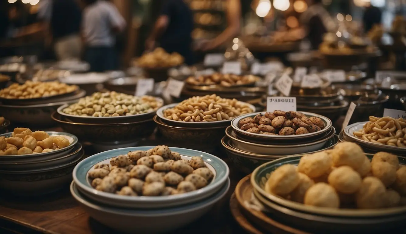 The bustling Milan antique markets showcase a variety of dining and cuisine items, from vintage silverware to ornate porcelain dishes. The atmosphere is filled with the aroma of Italian delicacies