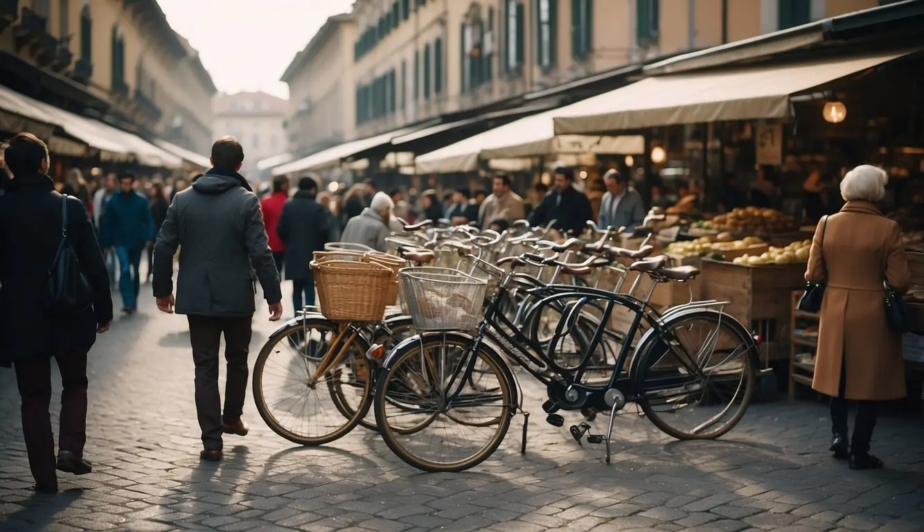 Crowded Milan antique markets with vintage bicycles, bustling pedestrians, and colorful trams providing easy accessibility