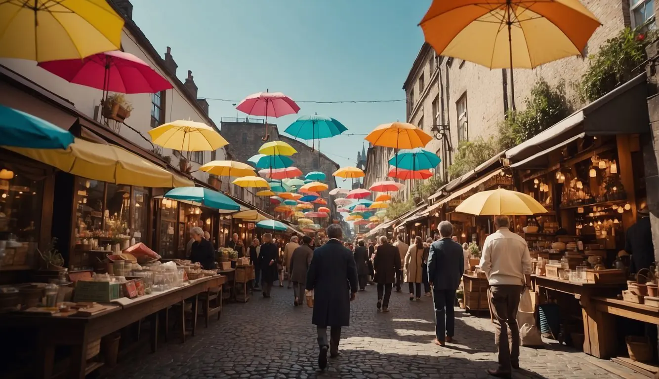 Old cobblestone streets lined with vintage stalls, colorful umbrellas, and bustling crowds. A mix of antique furniture, retro clothing, and unique trinkets fill the air with nostalgia
