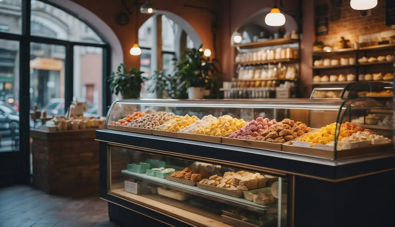 Vibrant gelato shop in Milan, with colorful displays of handmade gelato, vintage decor, and a bustling atmosphere