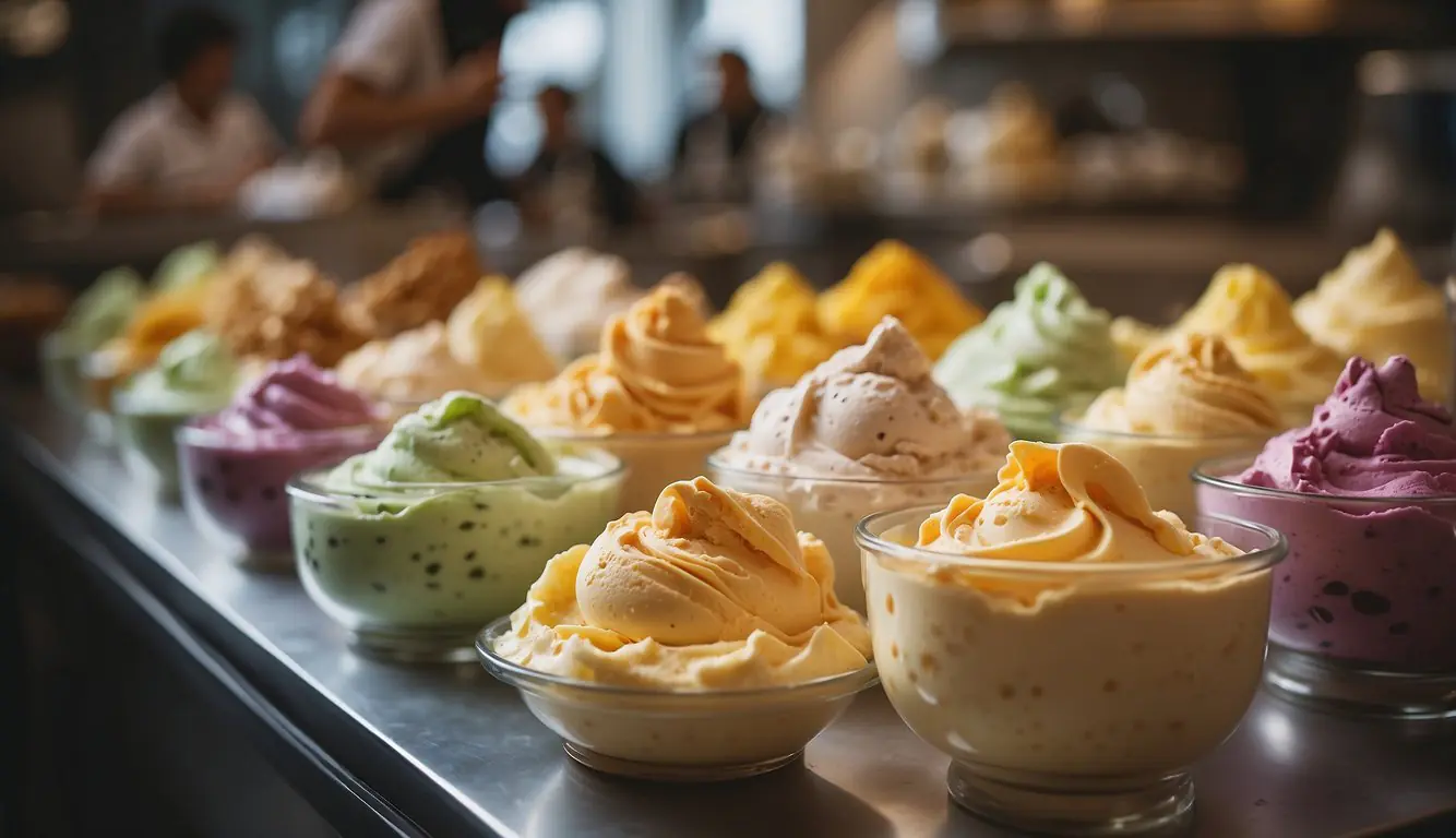 Customers savoring gelato at a bustling Milan gelateria, surrounded by colorful displays of artisanal gelato flavors and the sweet aroma of freshly made waffle cones