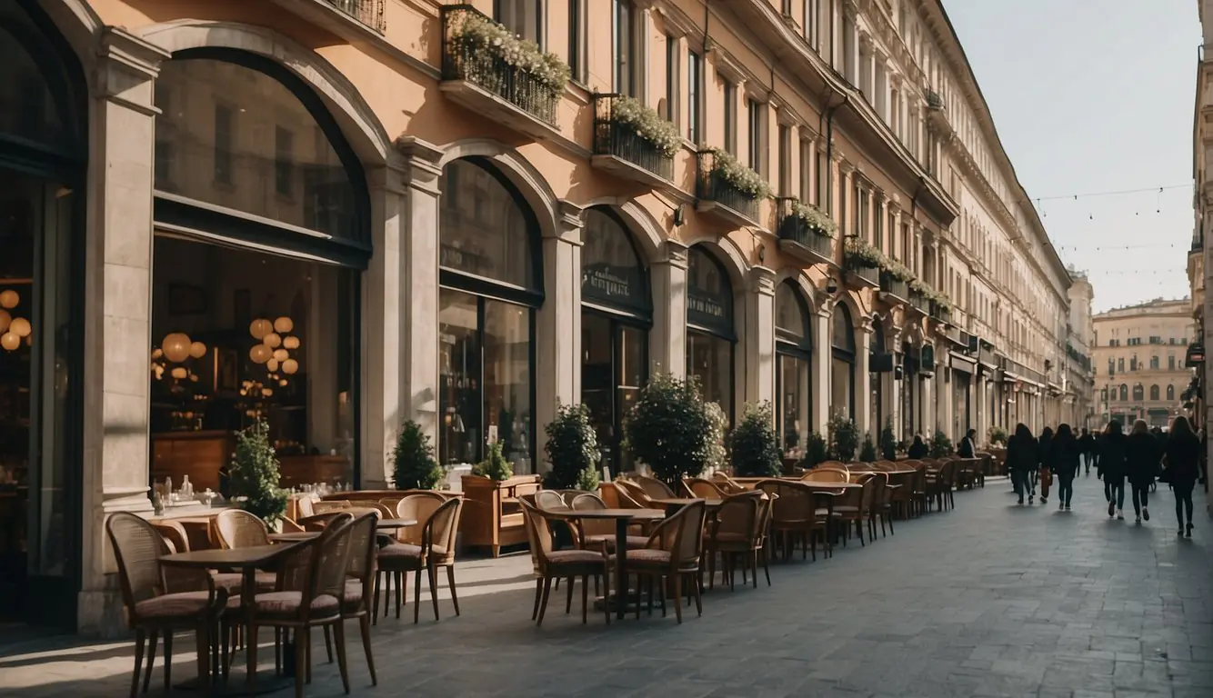 Milan's iconic fashion brands line the streets, with vintage furniture shops nestled in between. The architecture is grand, and the atmosphere is bustling with stylish shoppers