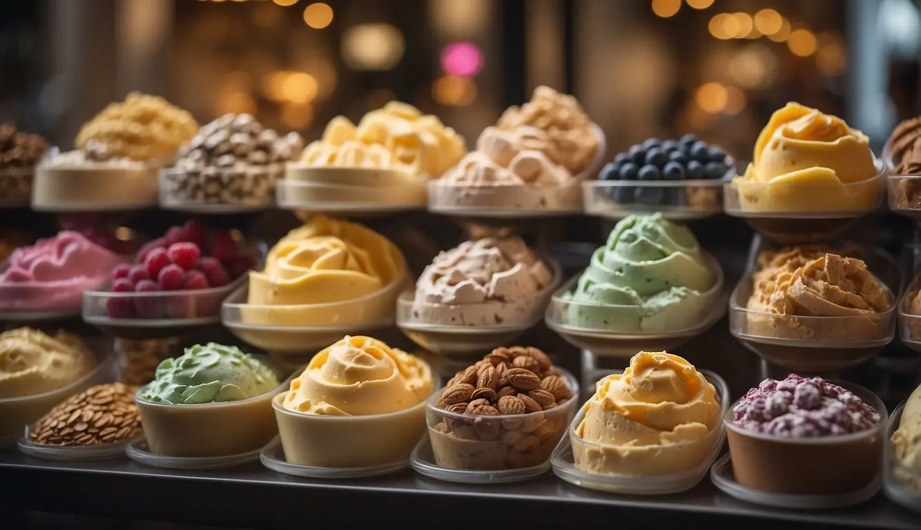 A colorful display of artisanal gelato in Milan, with various flavors and toppings, inviting everyone to indulge in the sweet treat