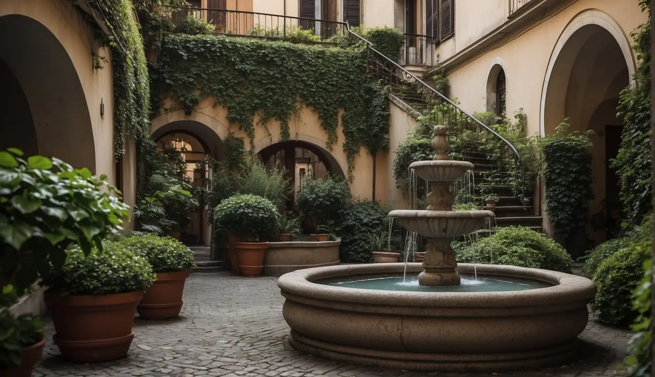 A hidden courtyard in Milan, with ivy-covered walls and a trickling fountain, tucked away from the bustling streets