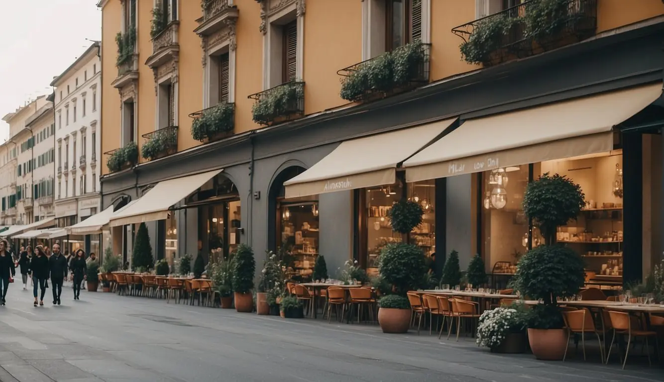 Vibrant Milanese street with stylish storefronts and fashionable locals. Iconic architecture and trendy cafes add to the city's allure