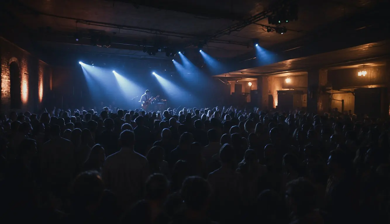 A dimly lit underground music venue in Milan buzzes with energy as bands perform on stage and crowds dance to the beat