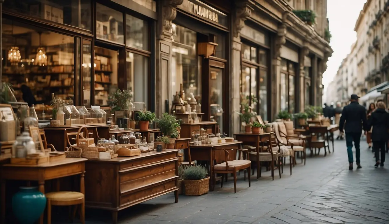 A bustling street lined with charming vintage furniture shops in Milan's diverse districts. Rustic wooden storefronts and colorful displays catch the eye of passersby