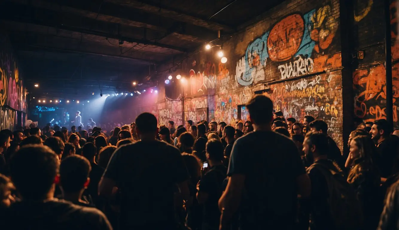 Crowds fill dimly lit venues, pulsing with energy as live music reverberates off the walls. Colorful graffiti decorates the space, adding to the vibrant atmosphere of Milan's underground music scene
