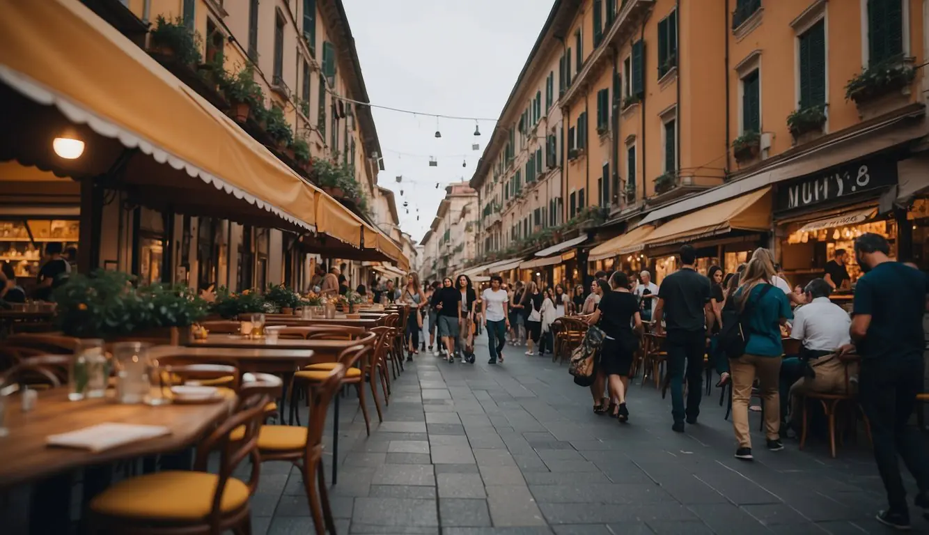 A bustling Milan street lined with vibrant music venues, showcasing a diverse array of underground cultural hotspots