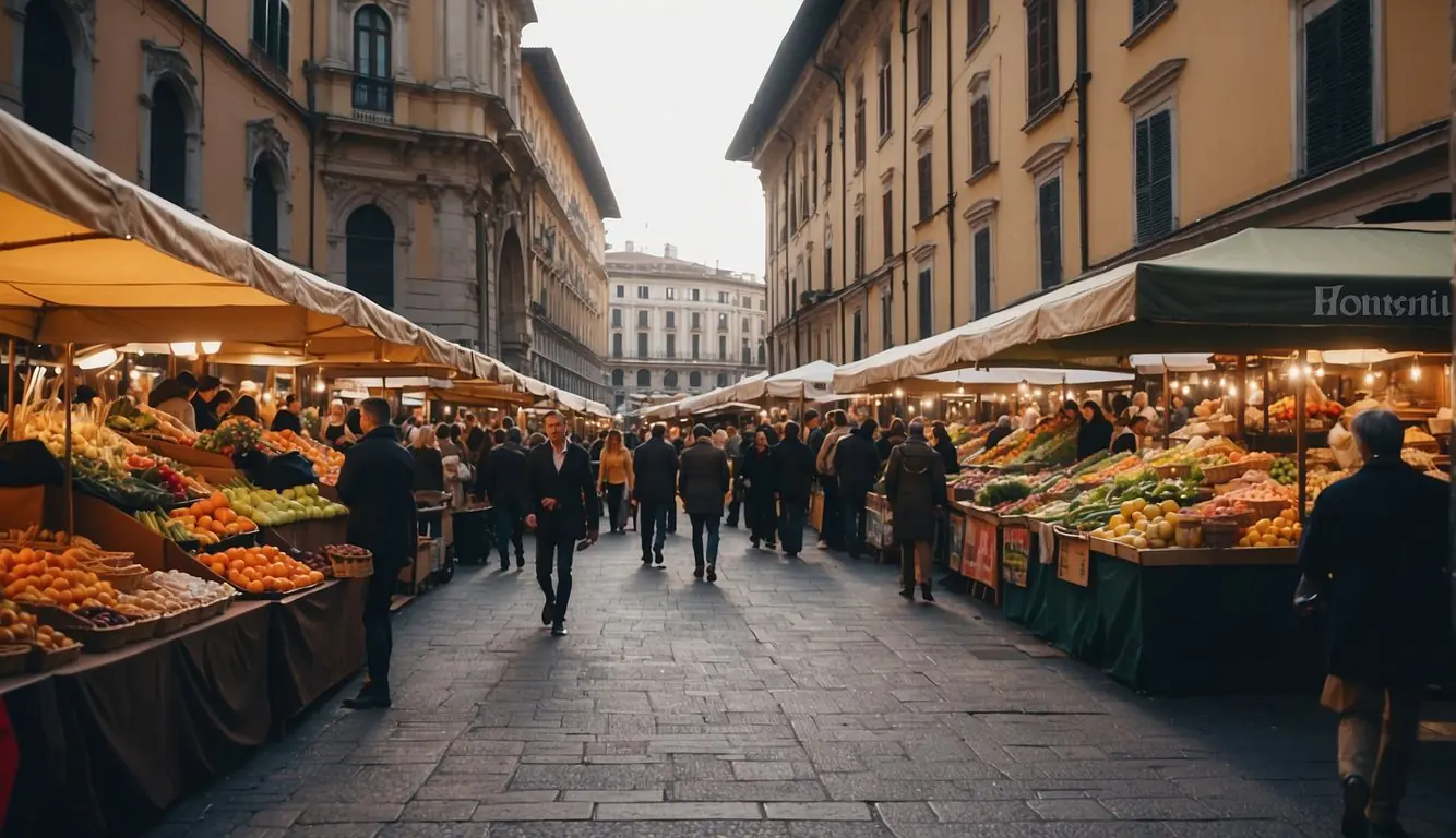 Vibrant Milan street market with colorful stalls, bustling crowds, and historic architecture in the background