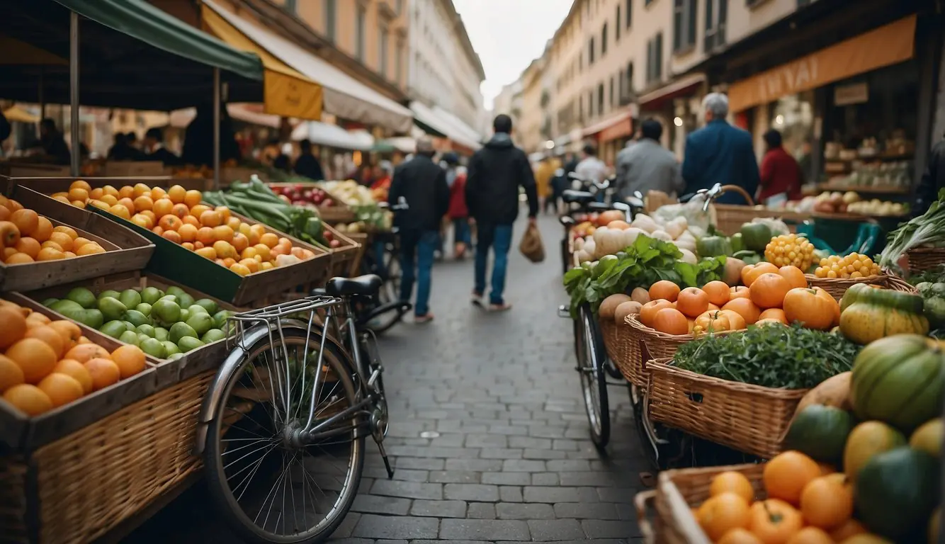 Vibrant Milan street market with colorful stalls selling organic produce, reusable goods, and eco-friendly products. Bicycles and public transport visible