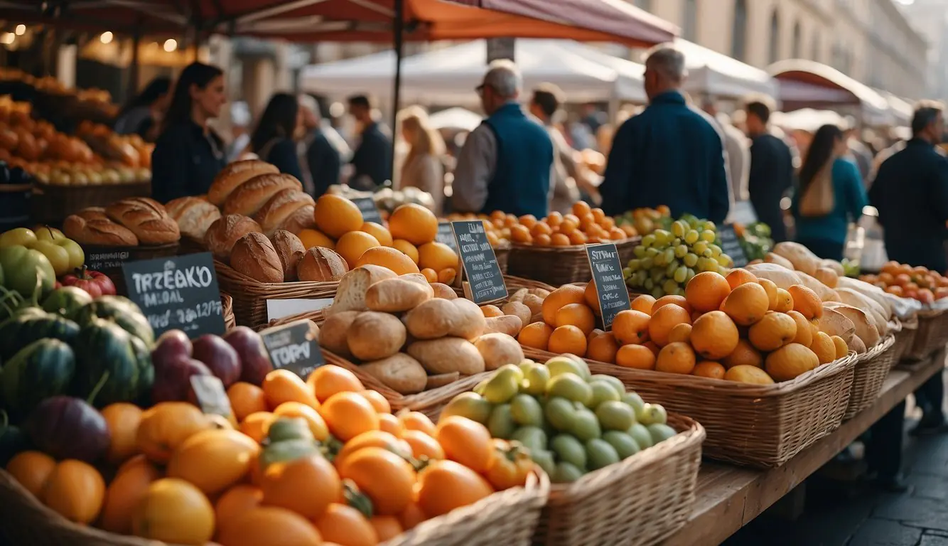 Vibrant Milan street market with colorful produce, bustling crowds, and enticing aromas of fresh bread and cheese