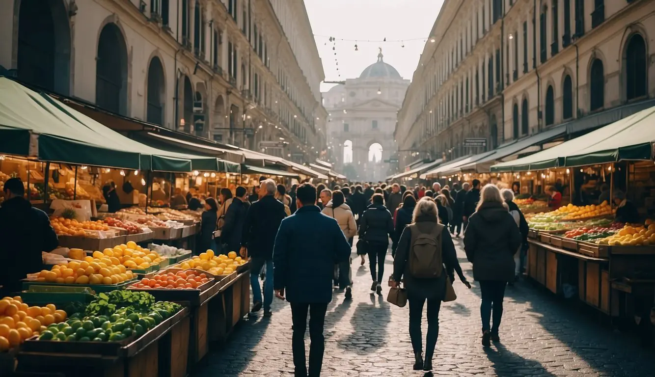 Busy Milan street market with colorful stalls and bustling crowds
