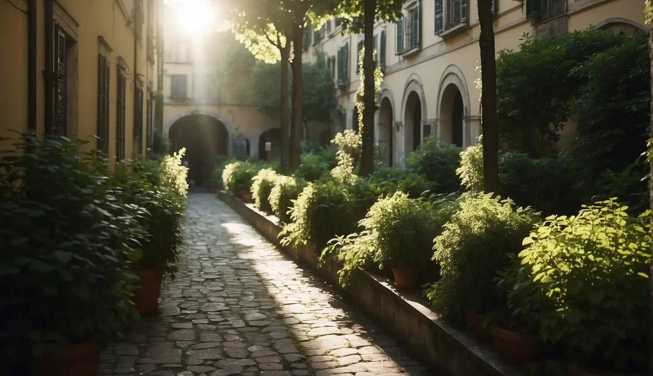 Sunlight filters through lush greenery in Milan's hidden courtyards, creating a serene and secluded atmosphere for exploration