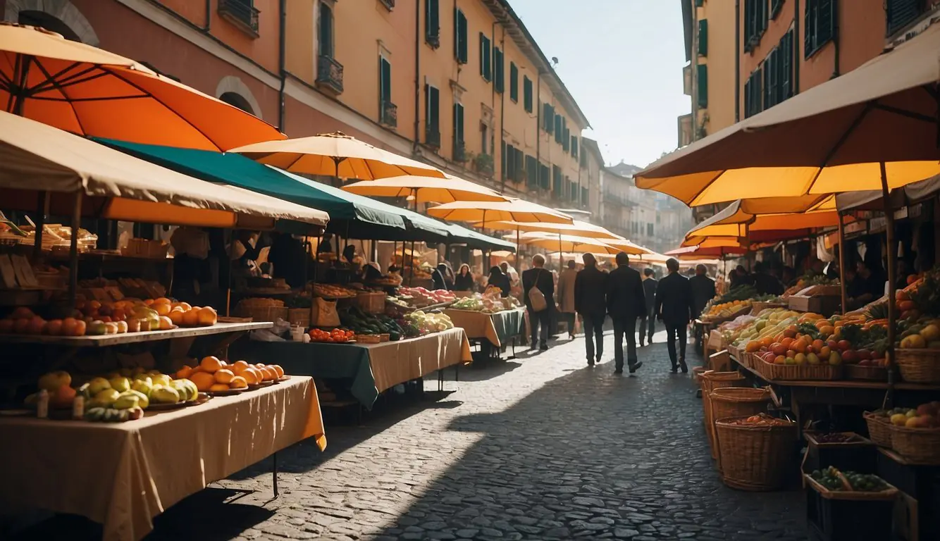 Vibrant Milan street markets showcase colorful textiles and trendy designs. Bright umbrellas cast dappled shadows on bustling stalls