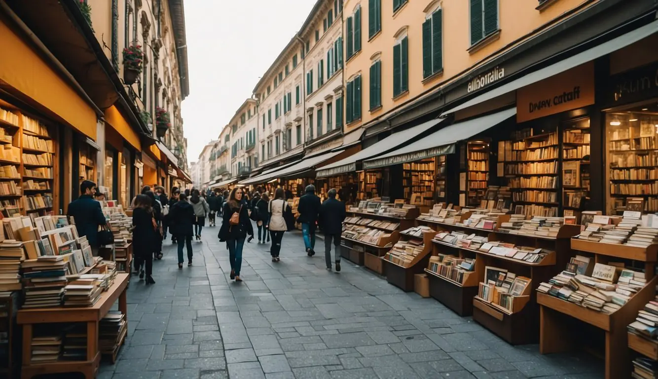 A cozy, dimly lit indie bookstore in historic Milan, lined with shelves of old and new books. A small table with a vintage typewriter sits in the corner, inviting visitors to linger and explore