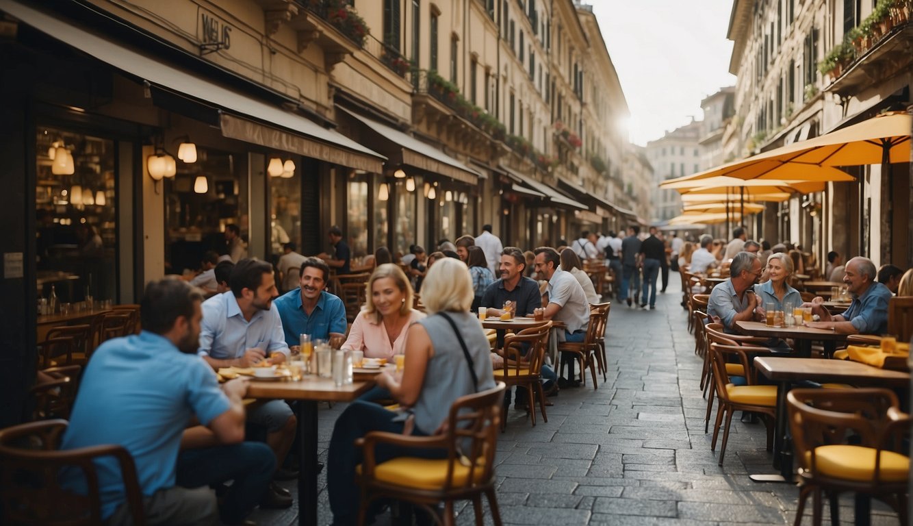A bustling street in Milan, with colorful signs and outdoor seating at local favorite restaurants. Customers chat and enjoy their meals, creating a lively atmosphere