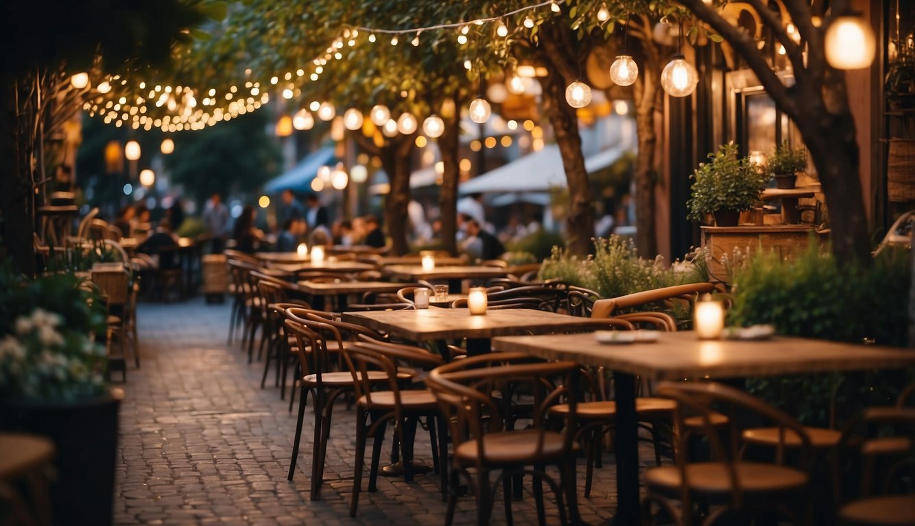 A bustling street lined with cozy cafes and lively trattorias, with the warm glow of string lights illuminating outdoor seating areas