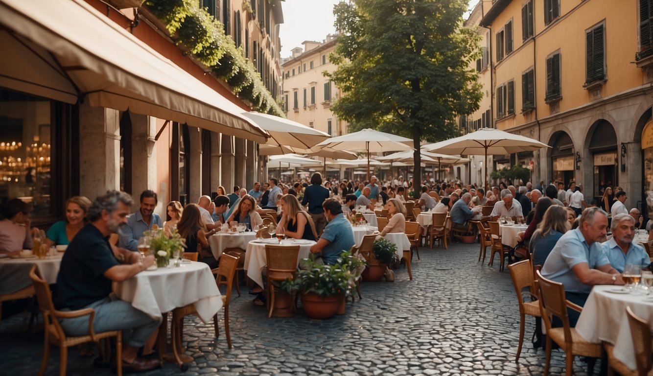 Busy Milan street, bustling with locals and tourists. Outdoor cafes and trattorias line the cobblestone road, with colorful awnings and lively chatter