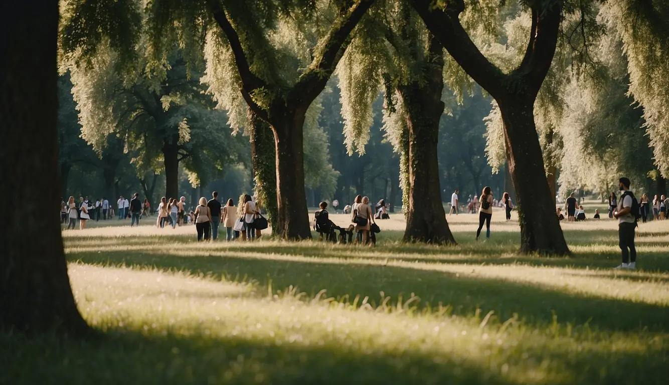 People exploring Milan's hidden parks, surrounded by lush greenery and peaceful atmosphere