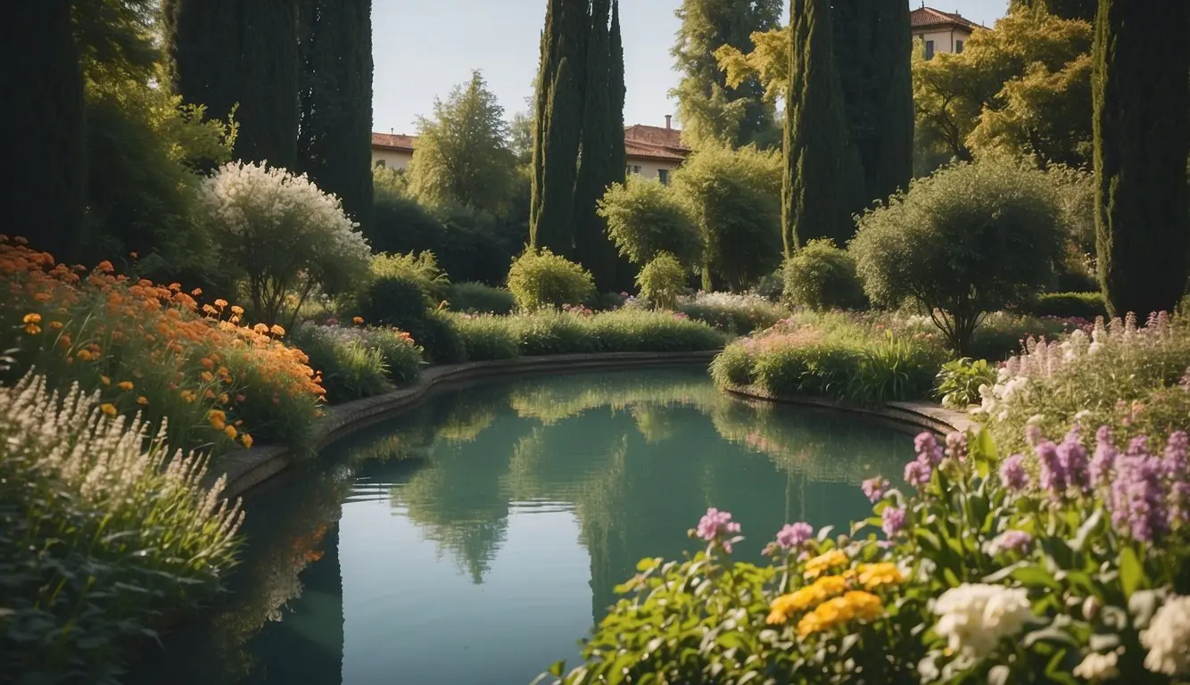 Lush greenery surrounds a tranquil pond, with colorful flowers peeking through. A winding path leads visitors through the peaceful, lesser-known parks of Milan