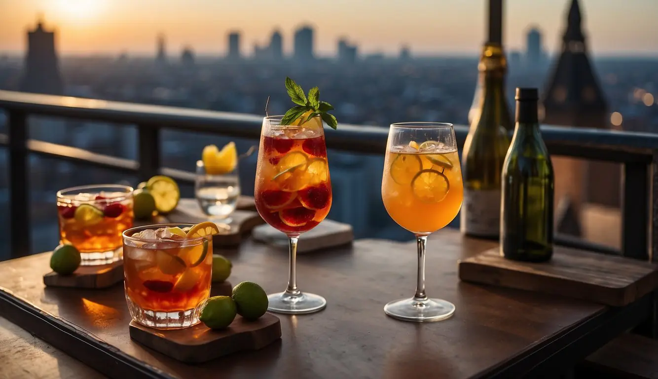 A bustling rooftop bar in Milan overlooks the city skyline as colorful cocktails are served during a lively aperitivo