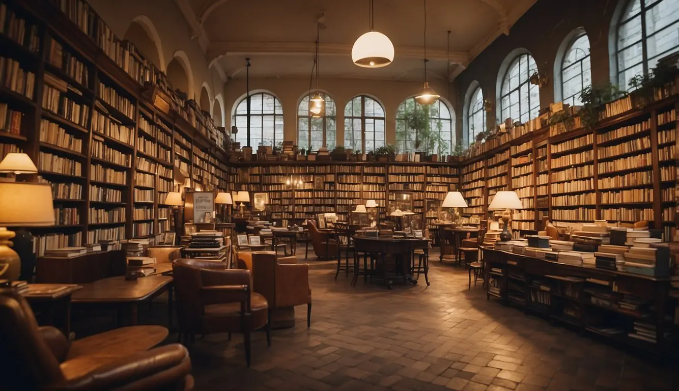 A cozy, cluttered indie bookstore in Milan. Shelves packed with books, vintage armchairs, and warm lighting create an inviting atmosphere