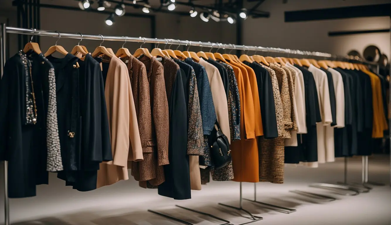 A rack of stylish, affordable clothing options for Milan Fashion Week. Bold patterns, sleek silhouettes, and trendy accessories on display
