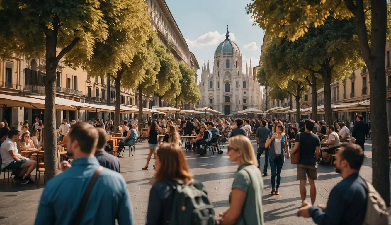 A bustling square in Milan, with people chatting and mingling in small groups. A mix of locals and tourists, enjoying the vibrant atmosphere of the city