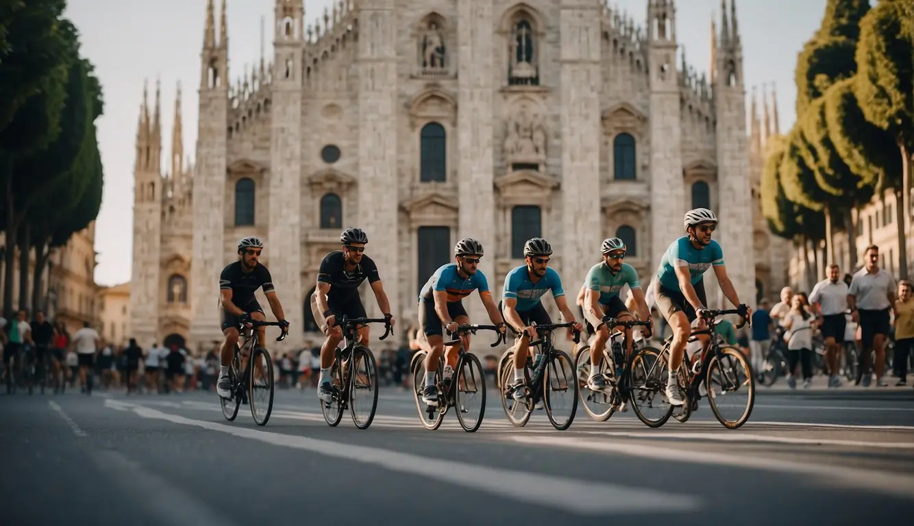 A group of cyclists pedal through the charming streets of Milan, passing by historic landmarks and bustling piazzas