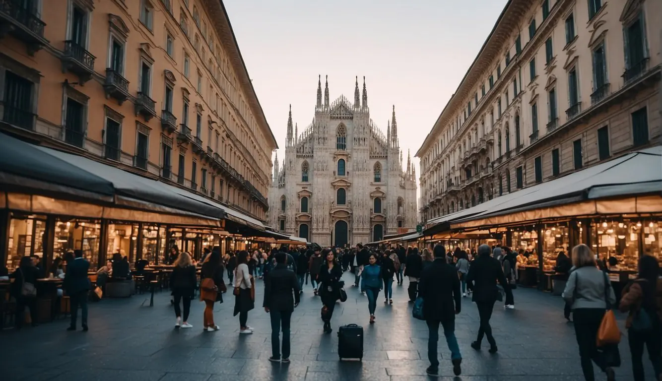 The bustling streets of Milan, with its iconic architecture and vibrant atmosphere, as tourists explore the city's famous landmarks and enjoy the local cuisine