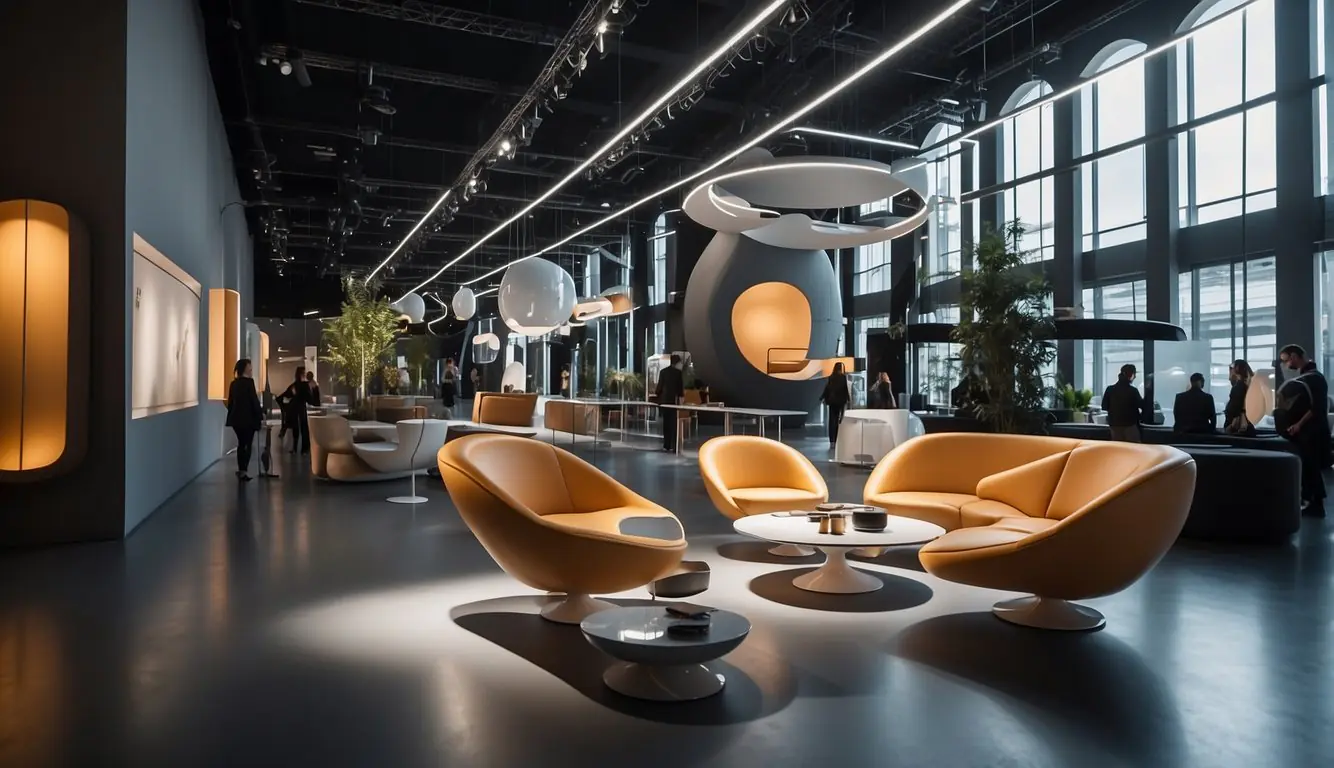A futuristic exhibition hall filled with cutting-edge furniture and avant-garde lighting installations at Milan design week 2024