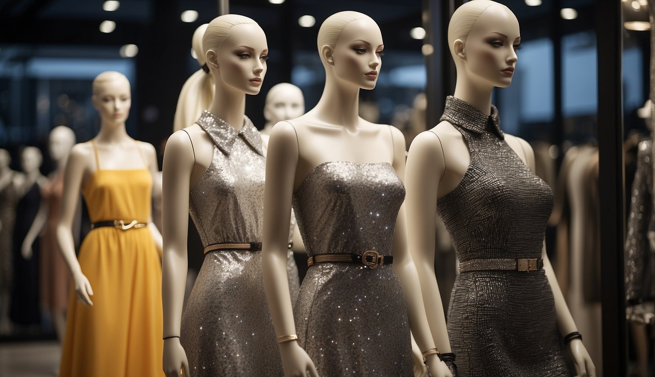 Mannequins display latest fashion in Milan outlets. Bright lights, sleek designs, and luxurious fabrics create a chic atmosphere
