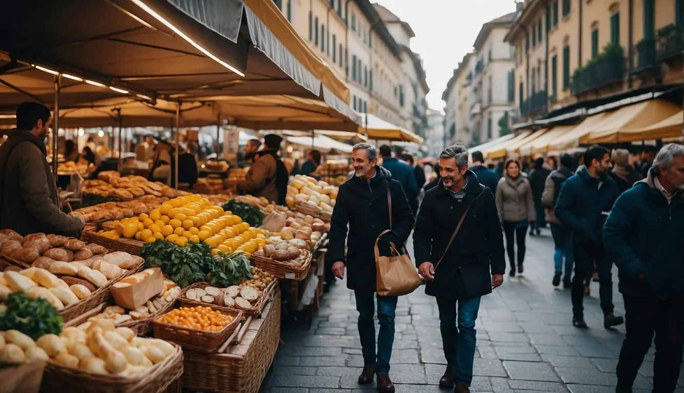 A bustling street market in Milan, filled with colorful stalls selling fresh produce, artisanal cheeses, and aromatic spices. The aroma of freshly baked bread and sizzling street food fills the air