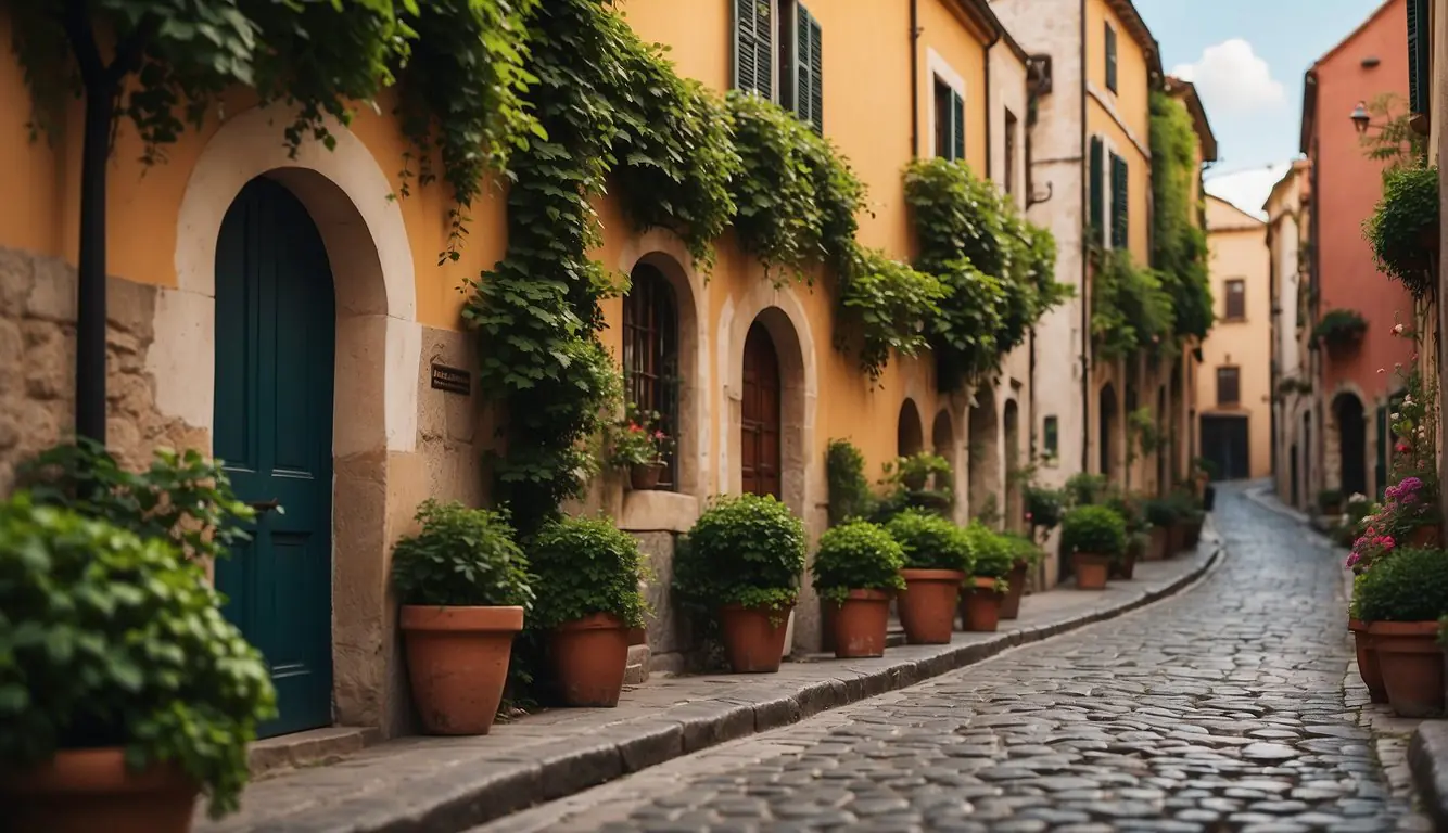 A narrow cobblestone alley lined with colorful, ivy-covered buildings, leading to a quaint piazza with a hidden fountain