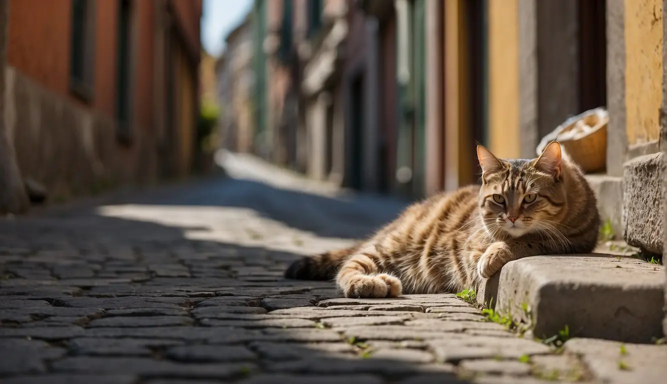 A hidden alleyway in Milan, lined with colorful, weathered buildings and cobblestone streets. A stray cat lounges in the sun, as laundry hangs from the windows above