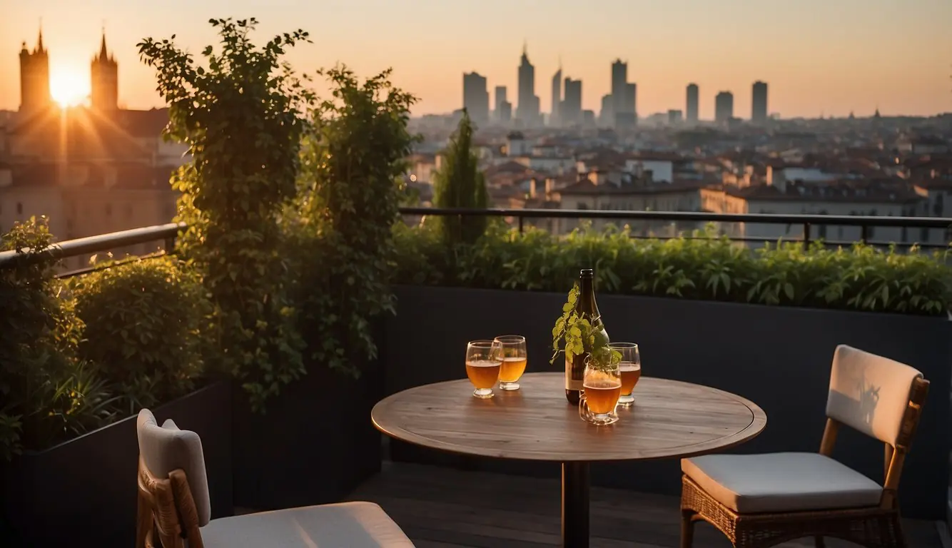 The sun sets over Milan's rooftop bars, casting a warm glow on the elegant outdoor seating and lush greenery, with the city skyline in the distance