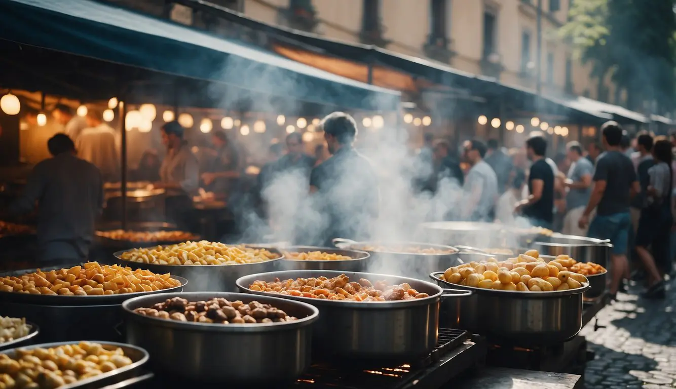 Busy Milan street filled with food stalls and bustling crowds. Aromatic steam rises from sizzling pans as vendors call out to passersby