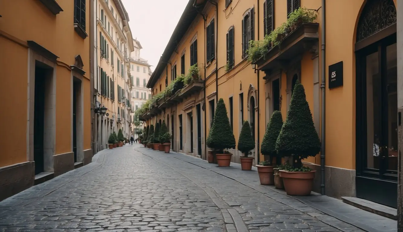 A cobblestone street lined with colorful, historic buildings, each one a unique boutique hotel in Milan