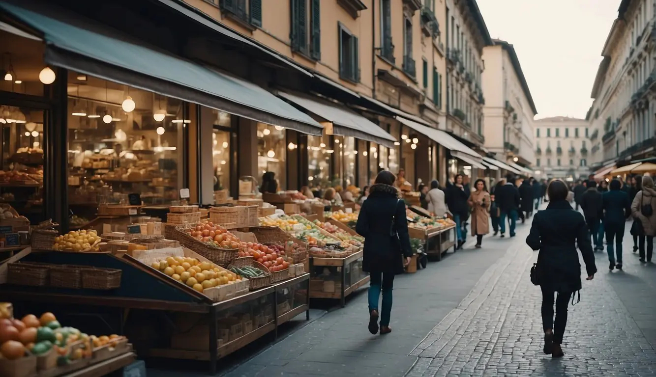 A bustling Milan street lined with colorful vintage shops and bustling with stylish shoppers