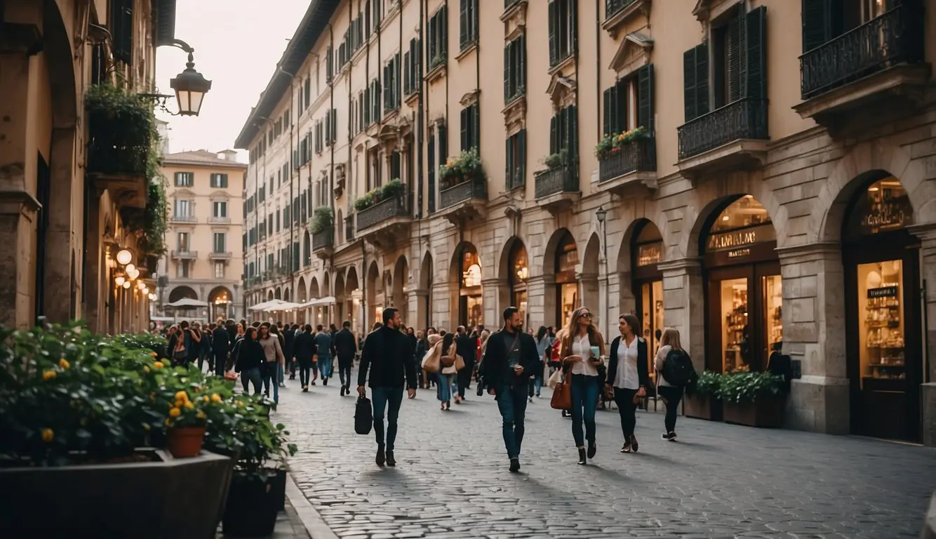 A bustling Milan street with historic buildings, cobblestone paths, and vibrant storefronts. Tourists and locals mingle, soaking in the city's rich culture and architecture